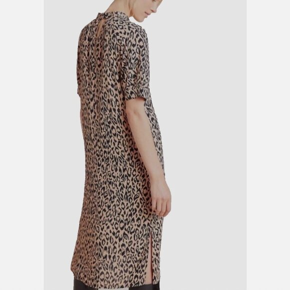 By Anthropologie Midi Dress Medium Leopard Print Side Slit Puff Sleeve Edgy Chic - Picture 2 of 8